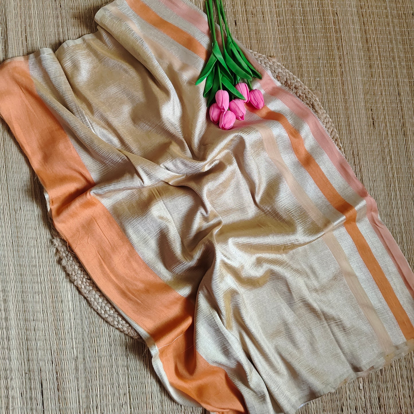 Moonga Silk Saree | Golden Color with Sunset Stripes - Golden Nivah