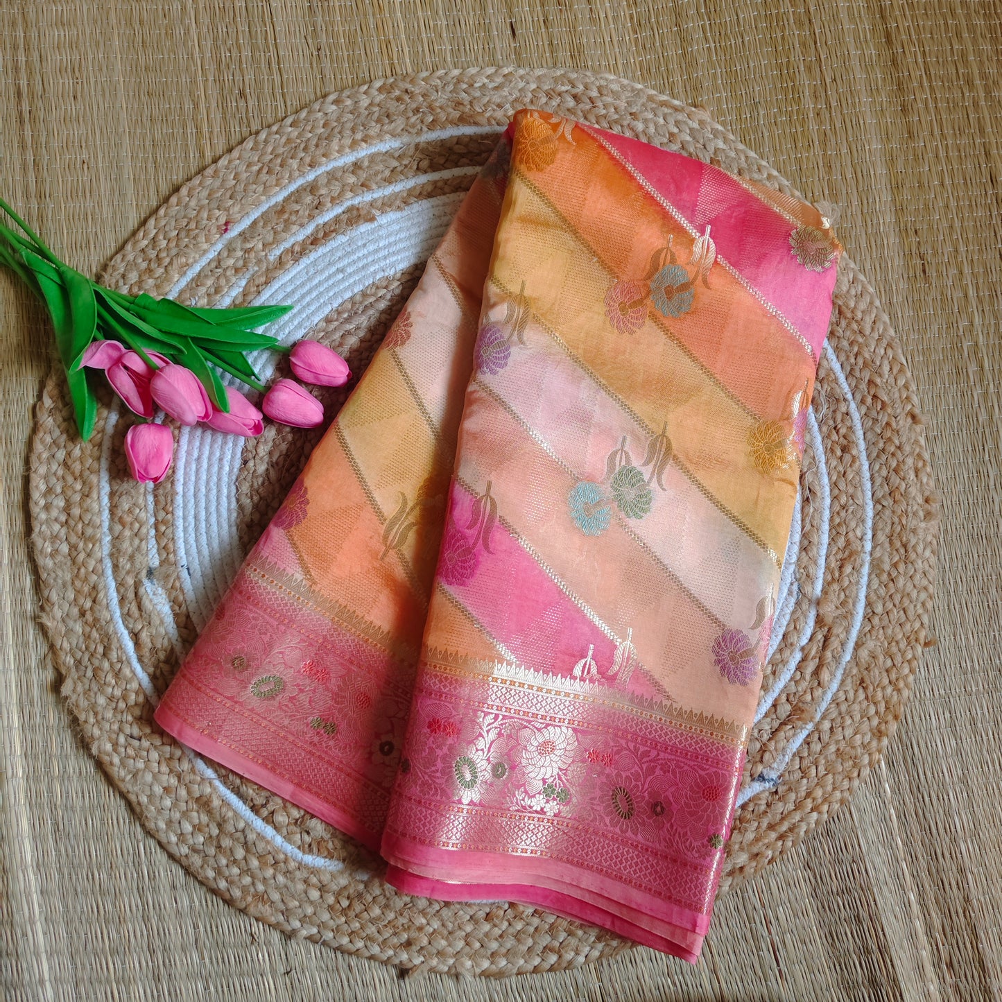 Dupion Silk Rangkat Saree | Petal Stripes - Golden Nivah