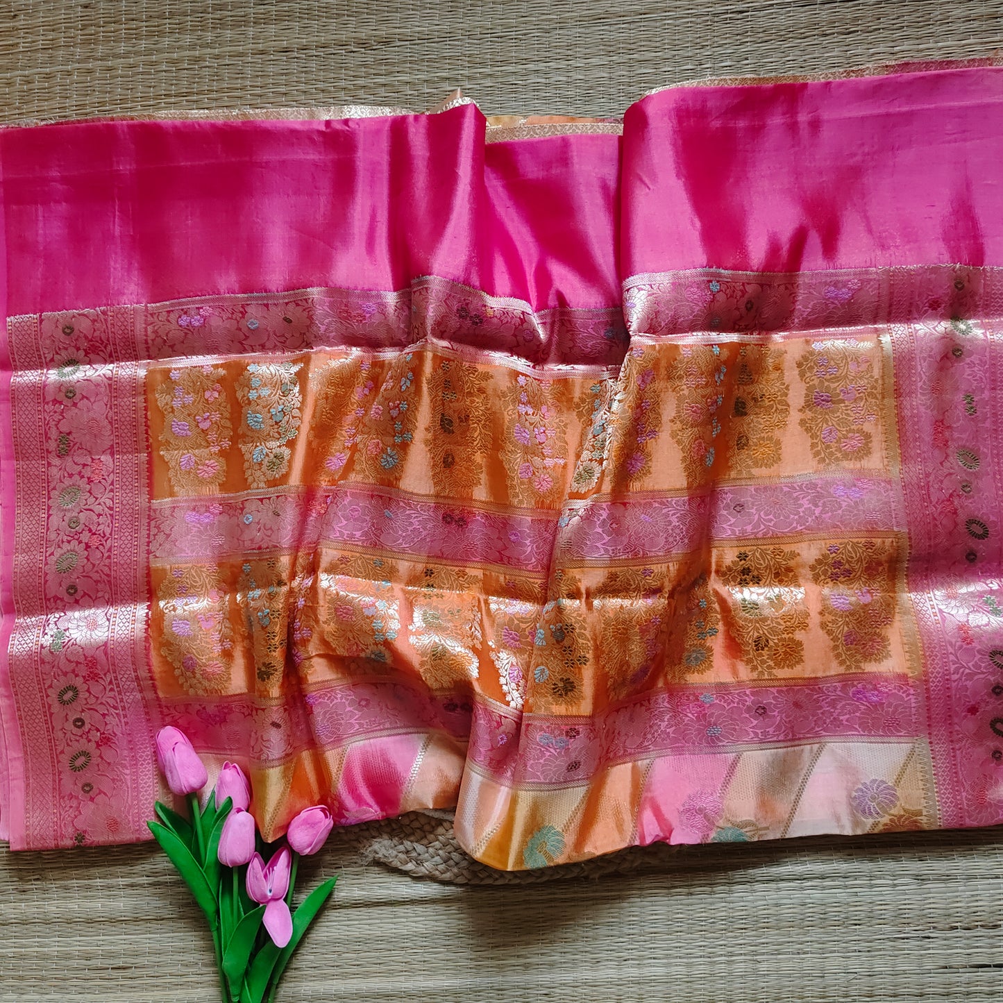 Dupion Silk Rangkat Saree | Petal Stripes - Golden Nivah