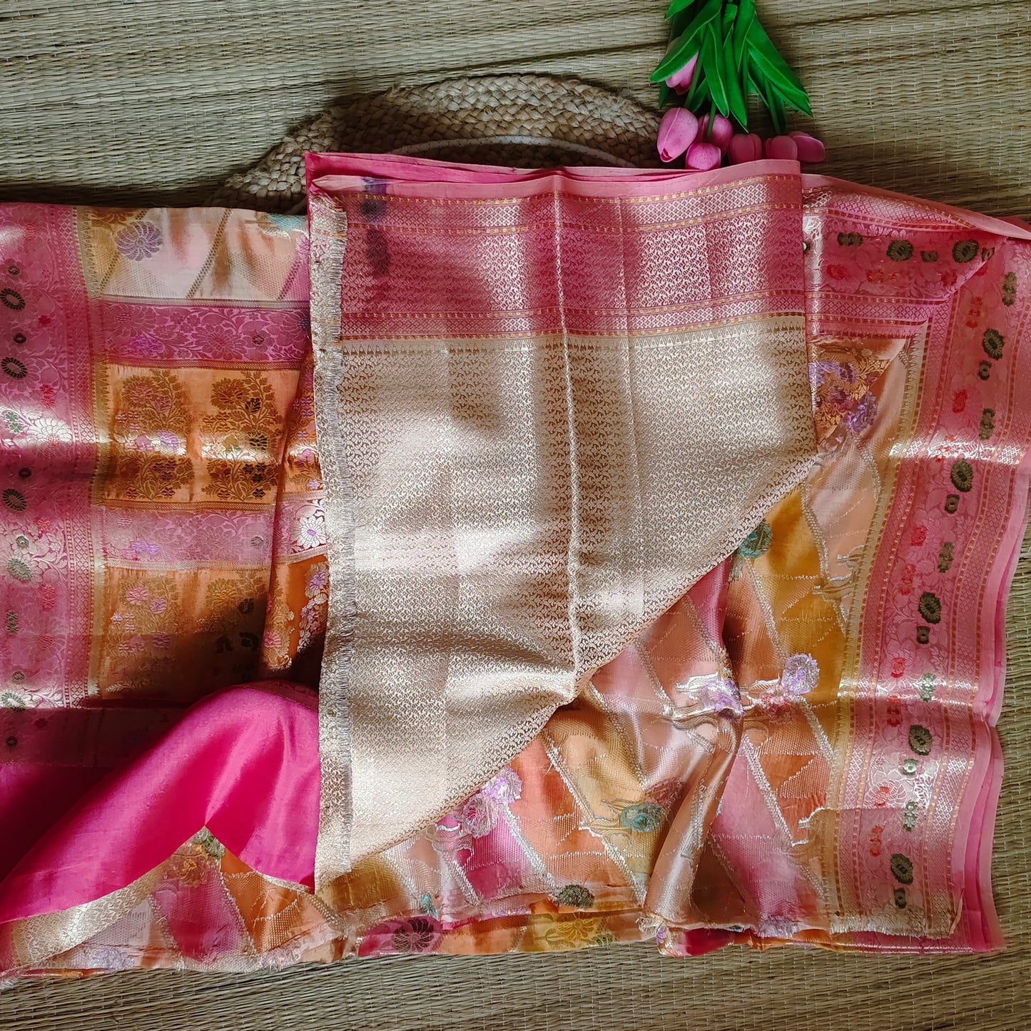 Dupion Silk Rangkat Saree | Petal Stripes - Golden Nivah