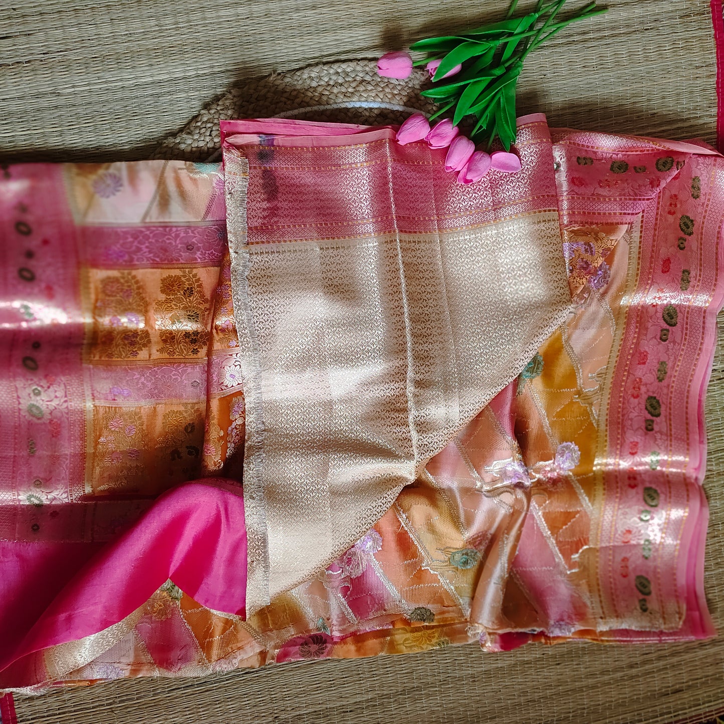 Dupion Silk Rangkat Saree | Petal Stripes - Golden Nivah