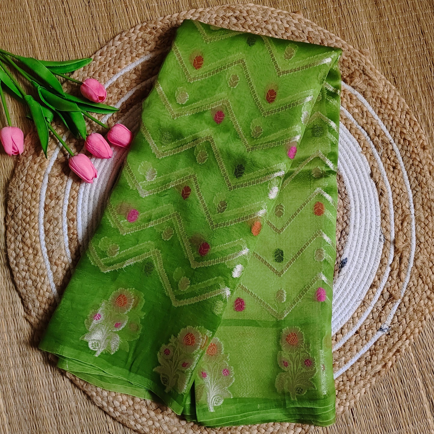 Organza Booti | Meenakari | Olive Green - Golden Nivah