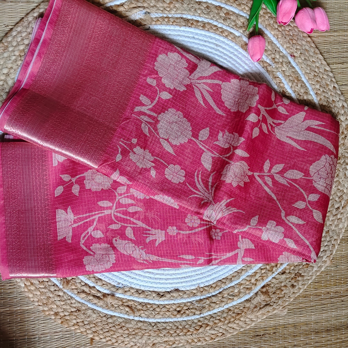 Kota Floral Print Saree | Soft Red - Golden Nivah
