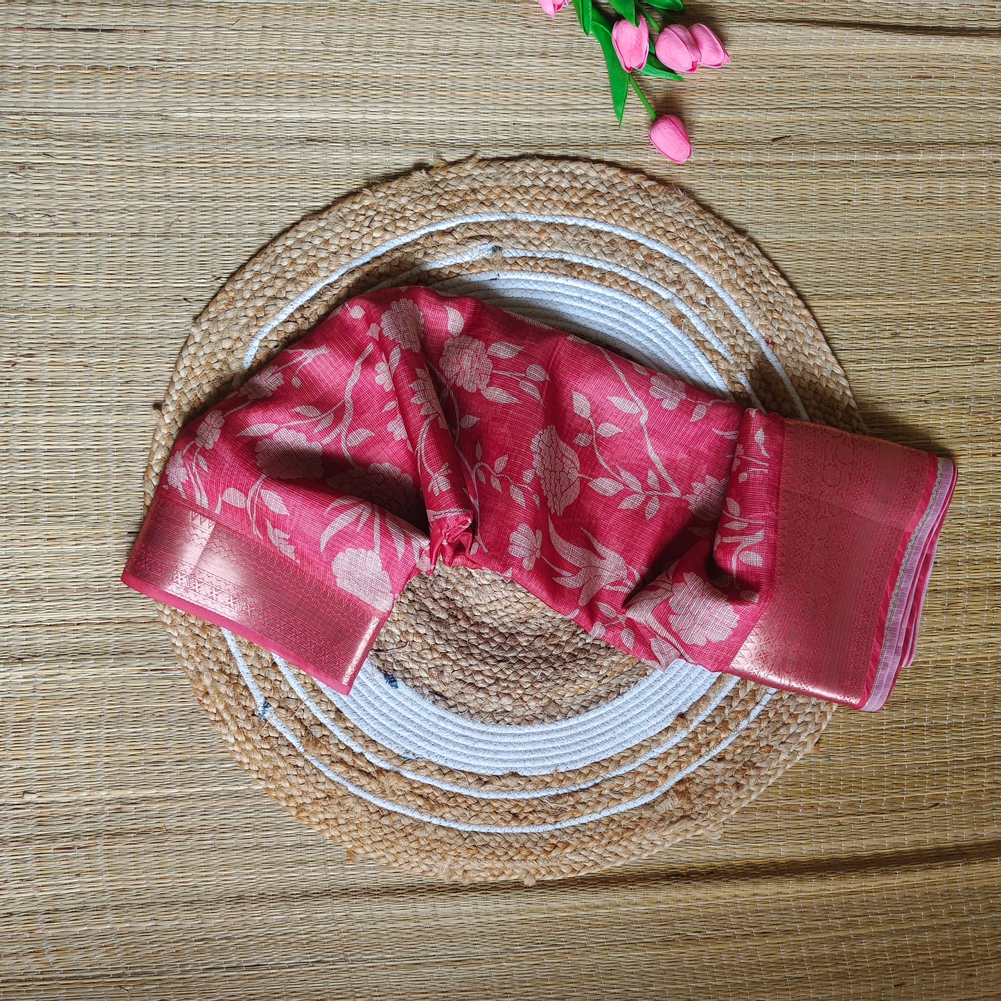 Kota Floral Print Saree | Soft Red - Golden Nivah
