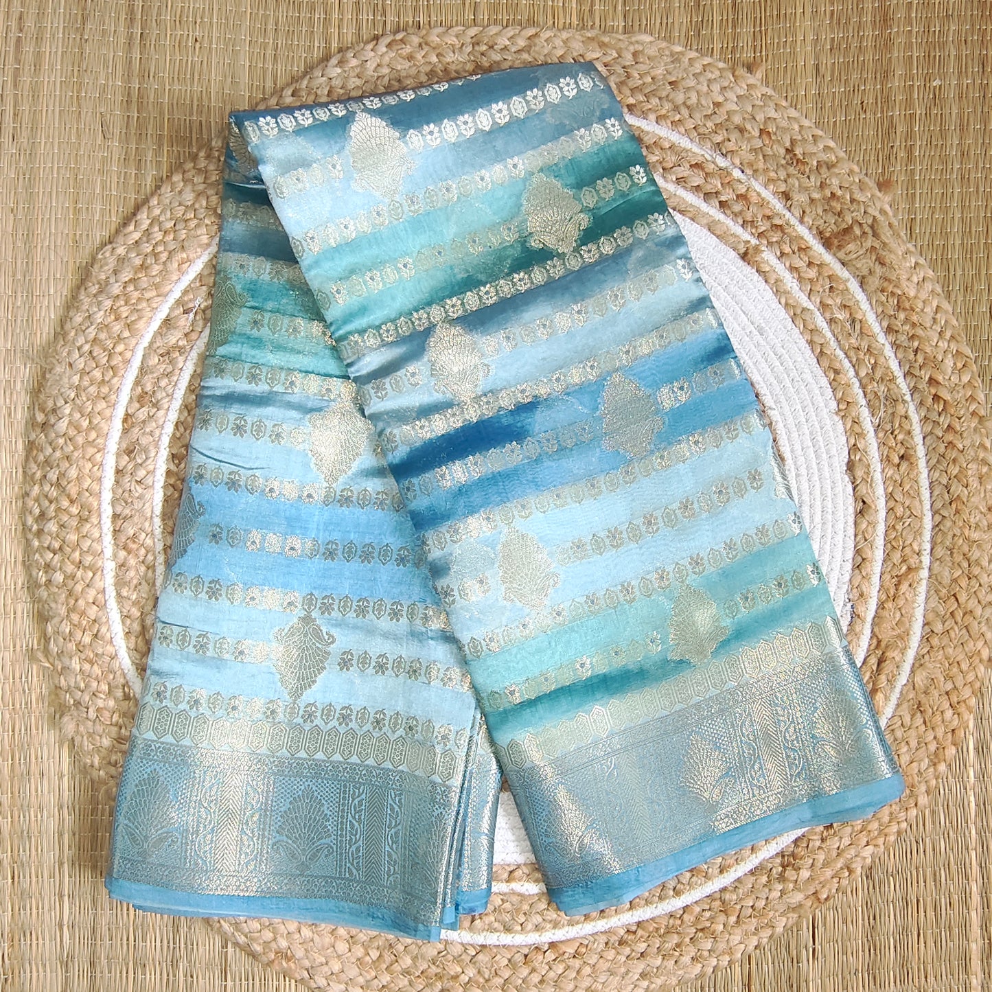 Dupion Silk Rangkat Zari Stripe Saree | Light Blue| Booti Work - Golden Nivah