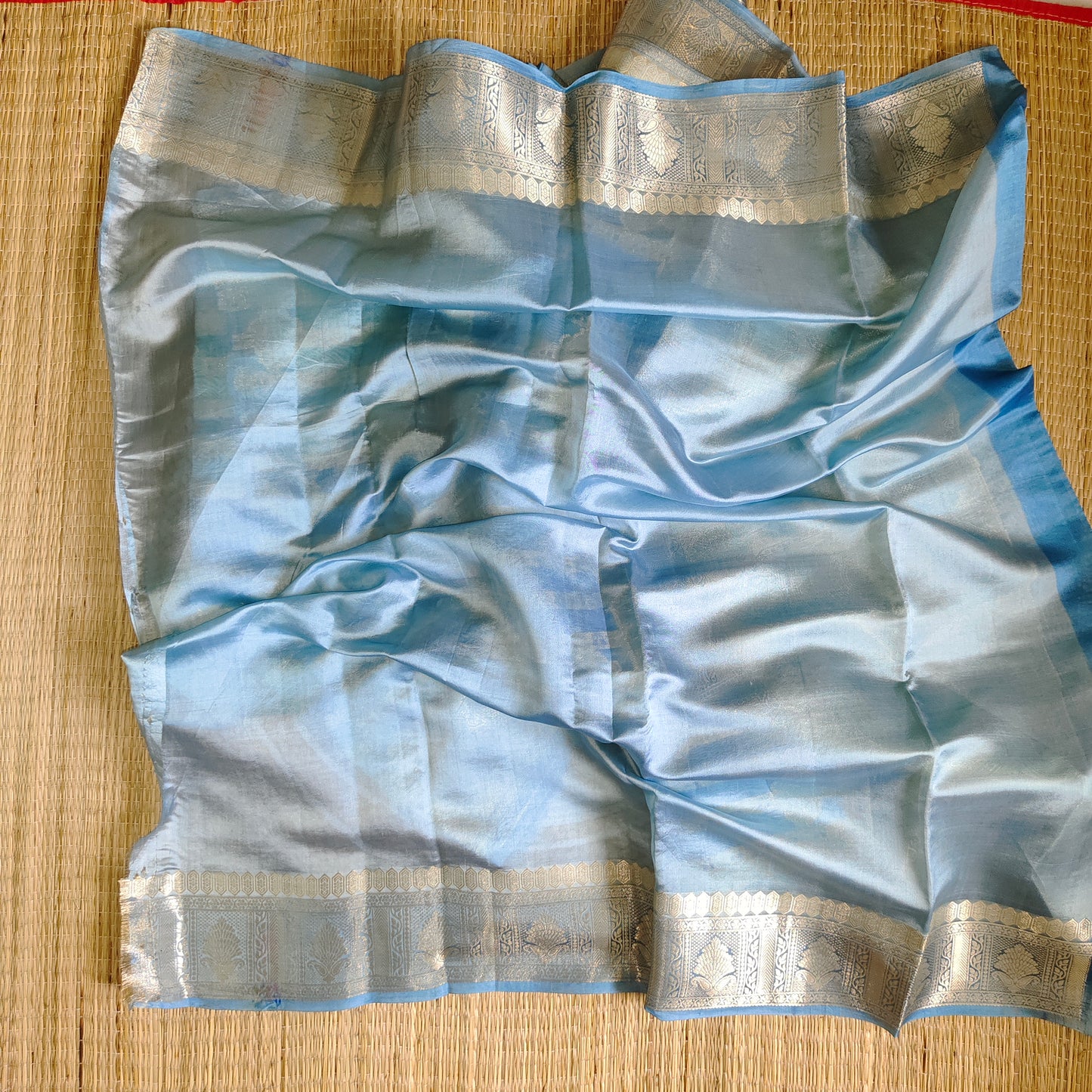Dupion Silk Rangkat Zari Stripe Saree | Light Blue| Booti Work - Golden Nivah