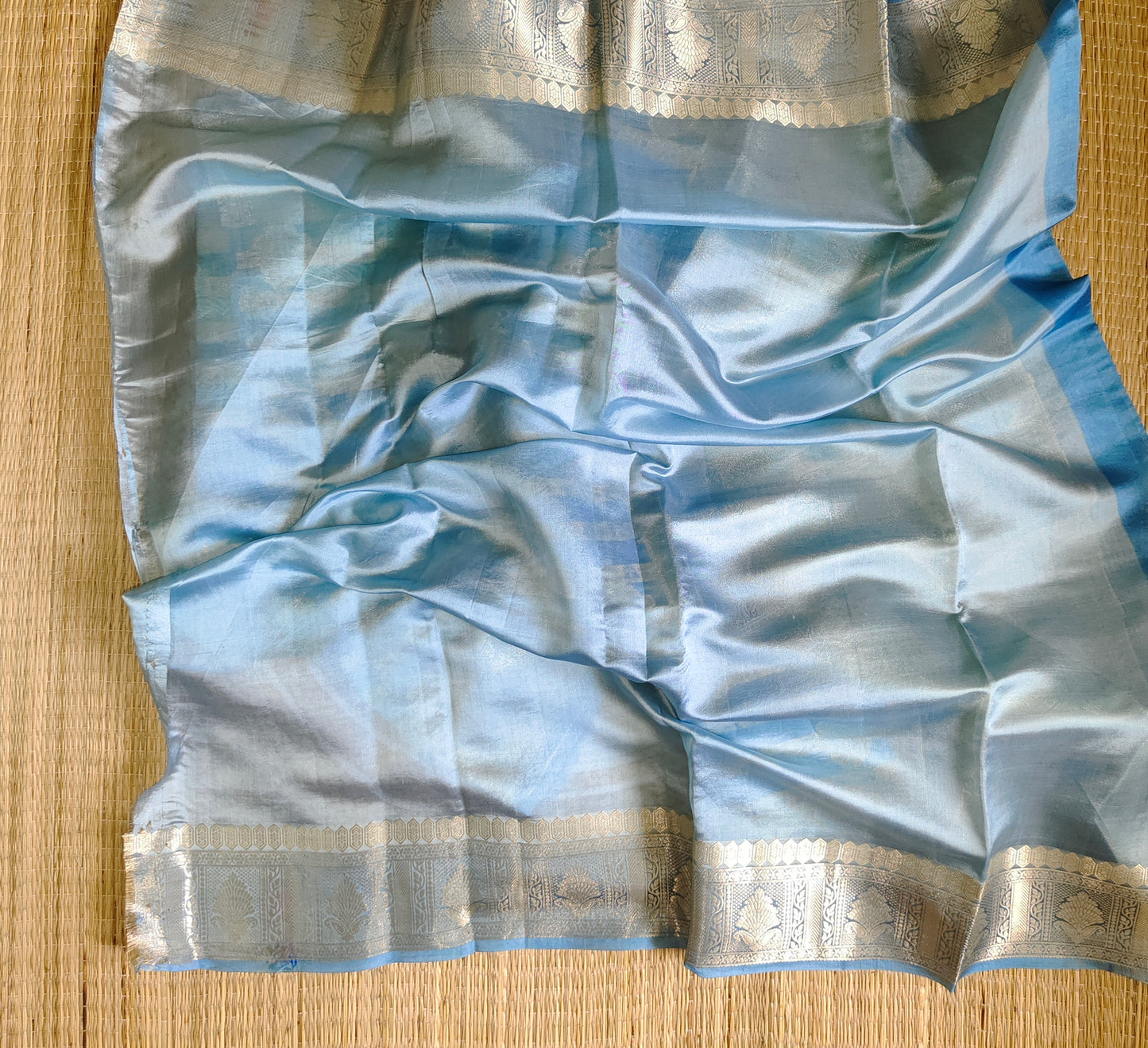 Dupion Silk Rangkat Zari Stripe Saree | Light Blue| Booti Work - Golden Nivah