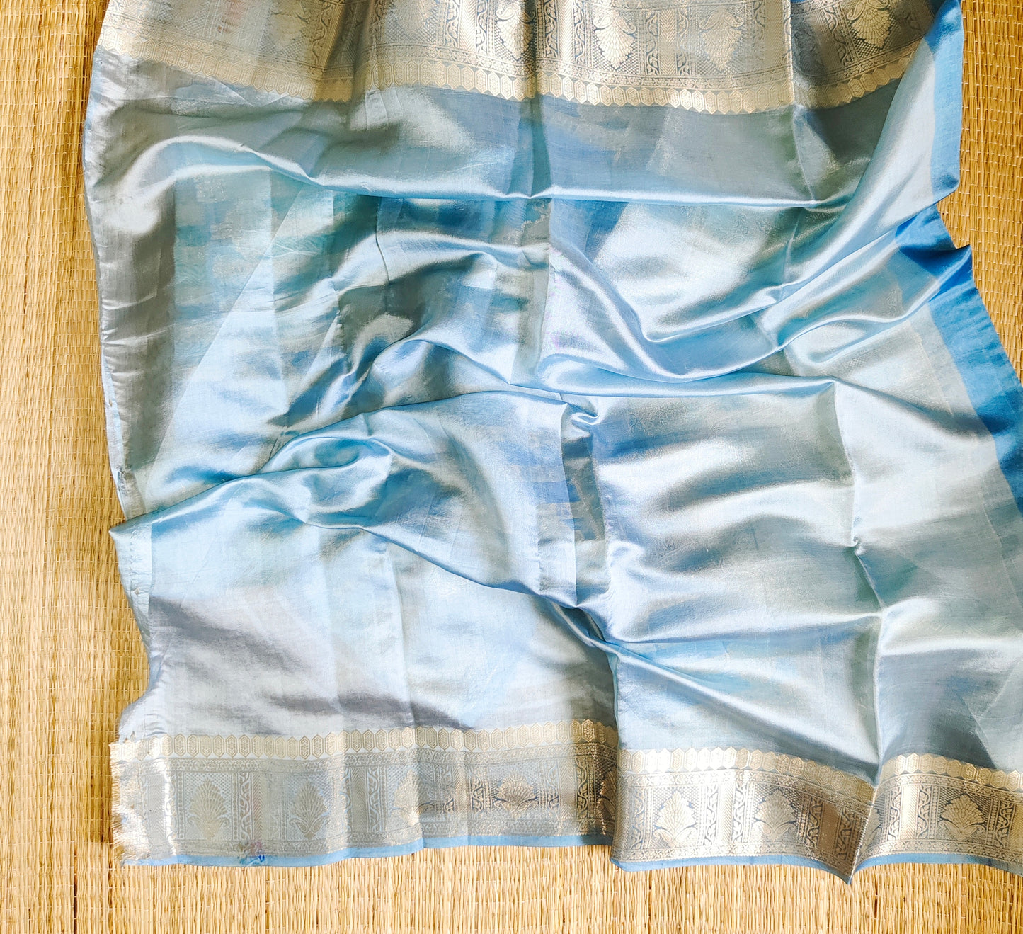 Dupion Silk Rangkat Zari Stripe Saree | Light Blue| Booti Work - Golden Nivah
