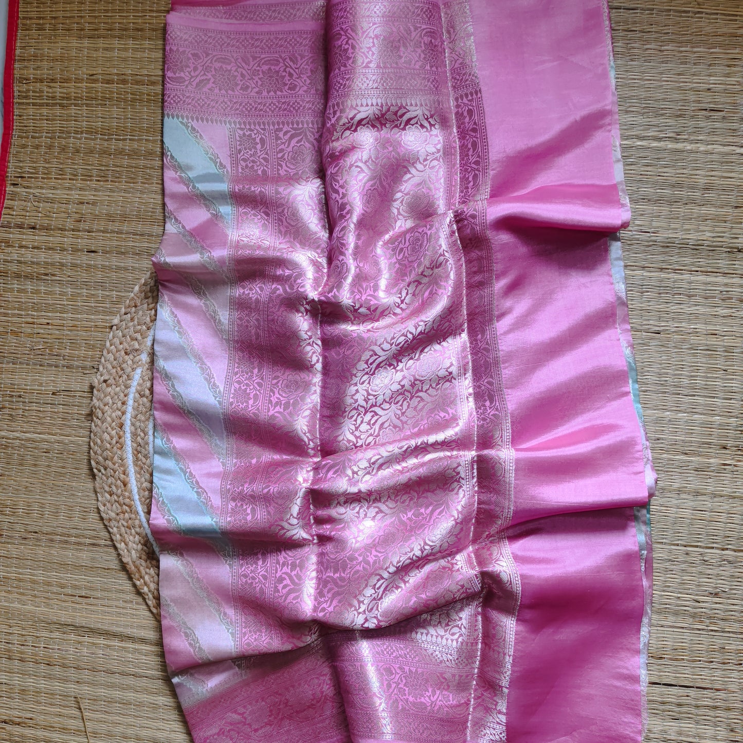 Dupion Silk Rangkat Saree | Pink With Golden Stripes - Golden Nivah