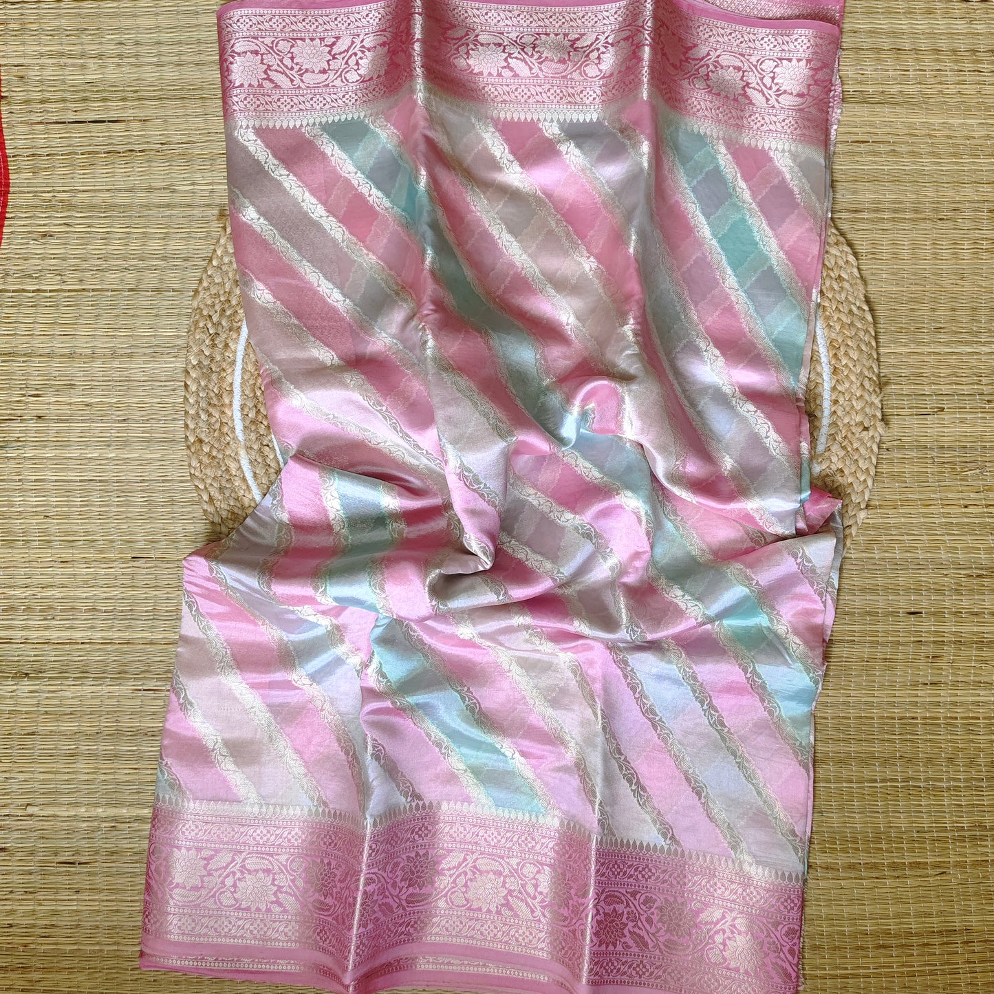 Dupion Silk Rangkat Saree | Pink With Golden Stripes - Golden Nivah