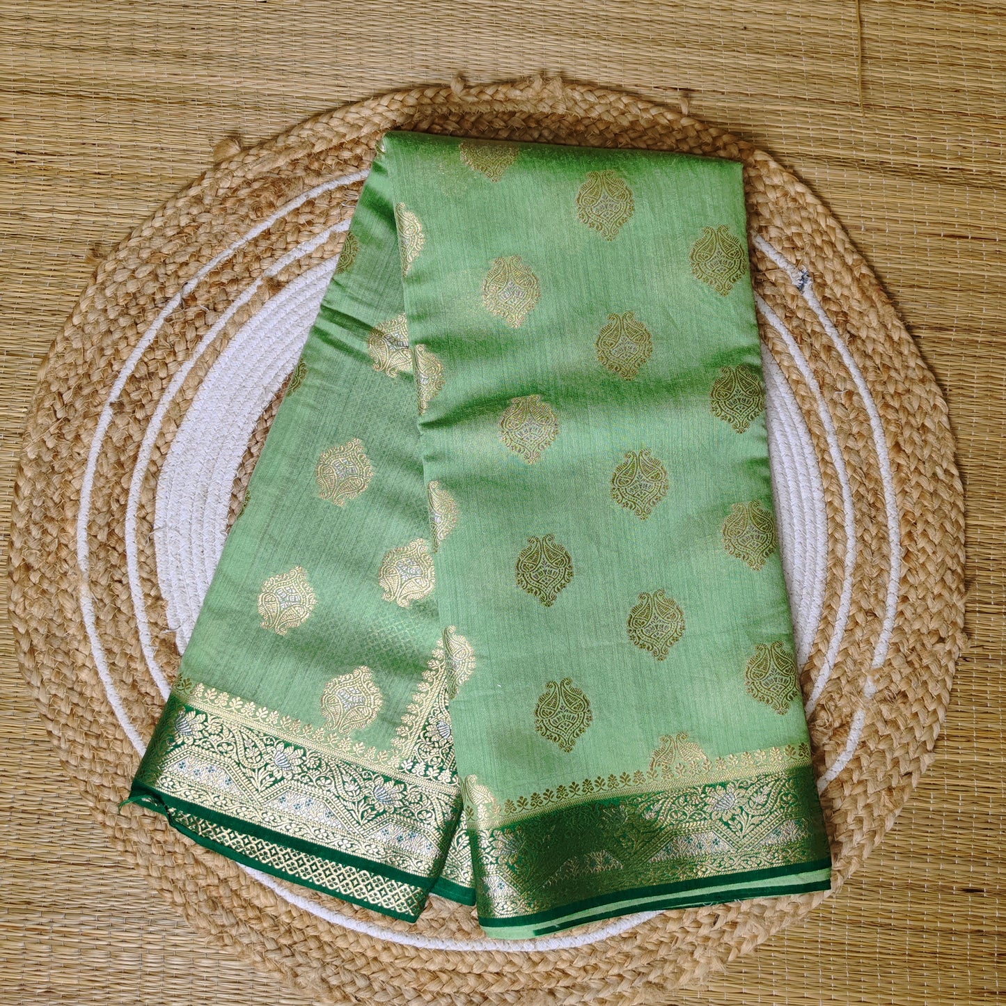 Moonga Silk Saree | Green to Dark Green| Big Booti Work - Golden Nivah