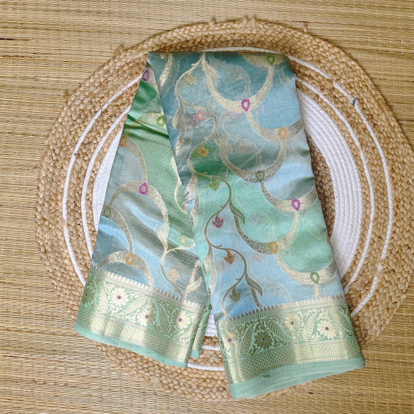 Dupion Silk Rangkat Saree | Green - Golden Nivah