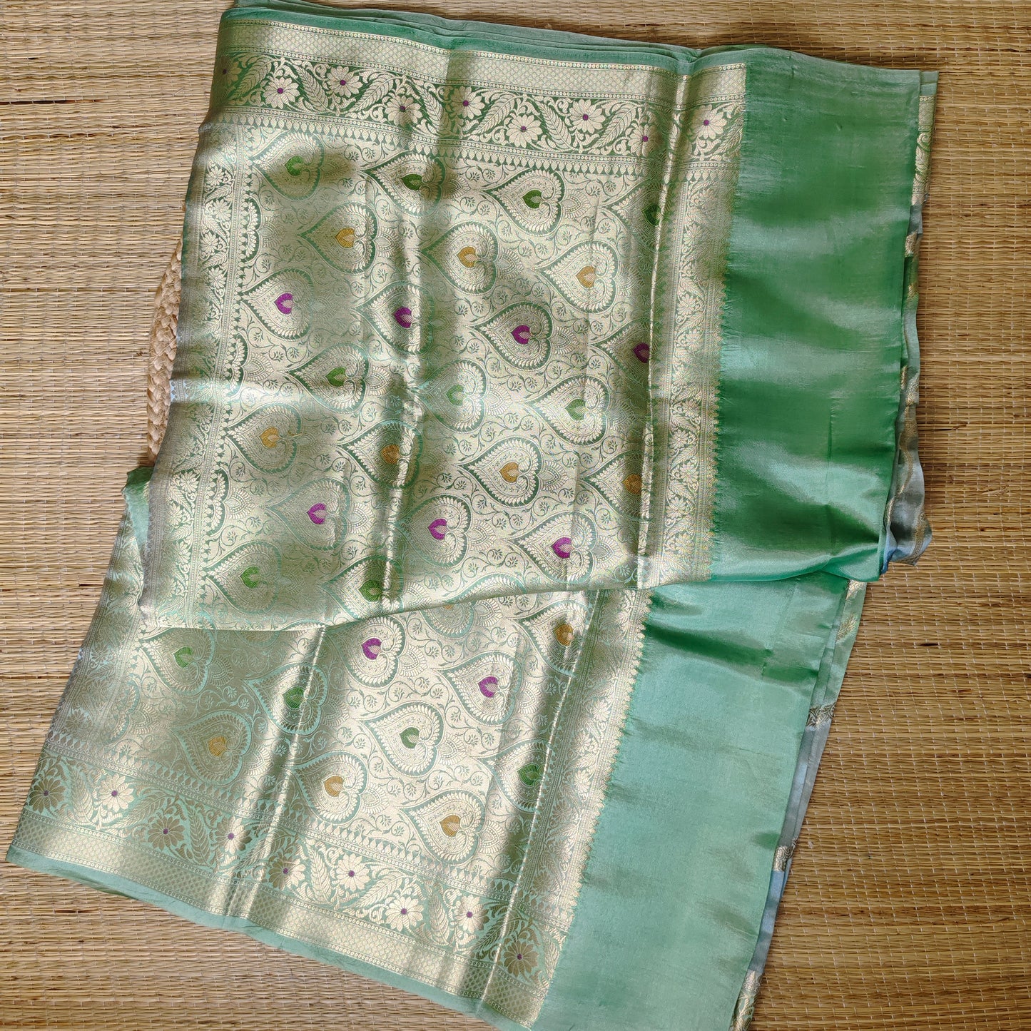 Dupion Silk Rangkat Saree | Green - Golden Nivah