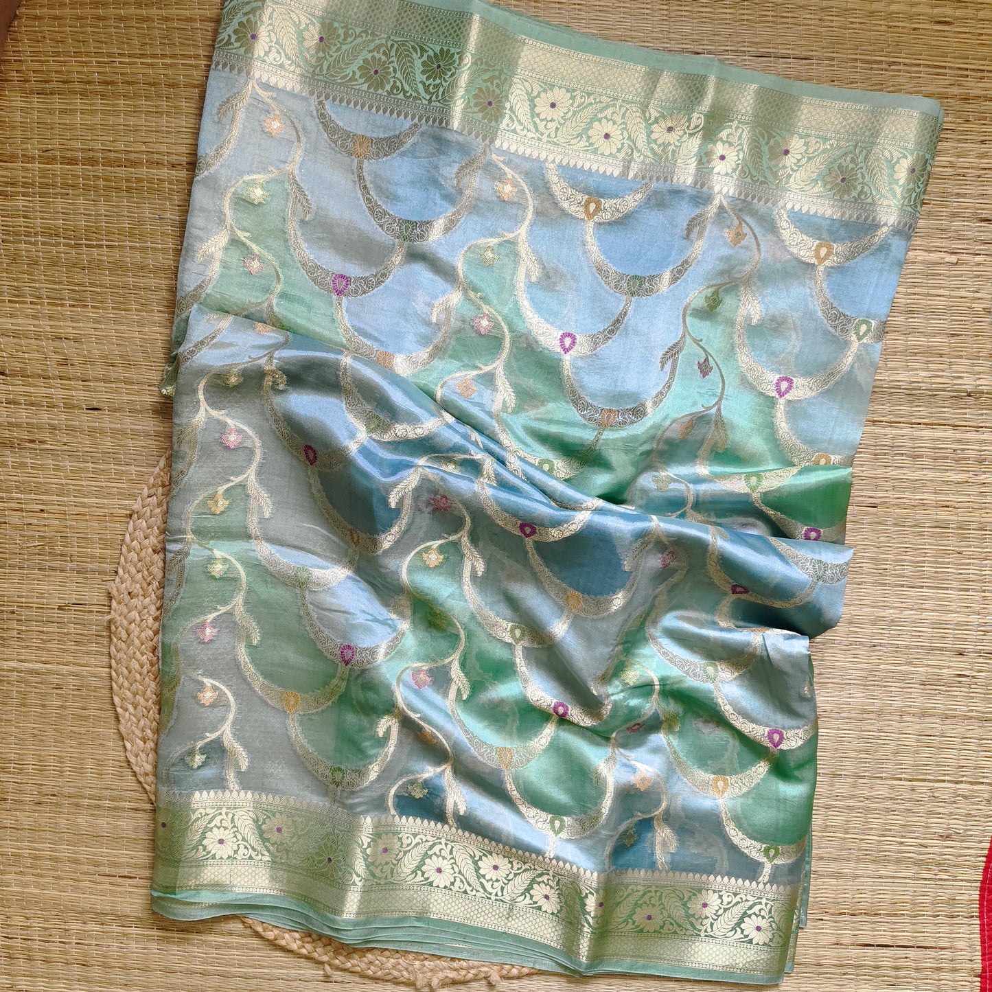 Dupion Silk Rangkat Saree | Green - Golden Nivah