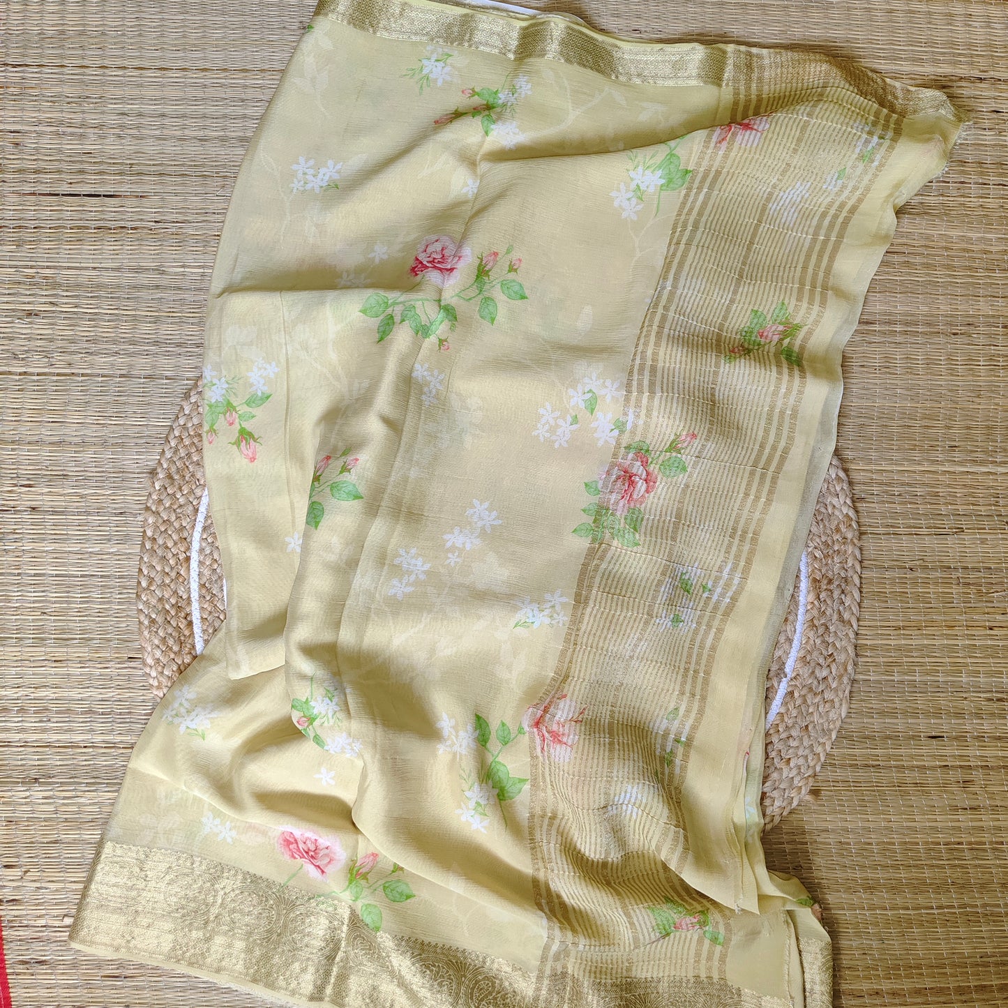 Chiffon Print Saree | Yellow - Golden Nivah