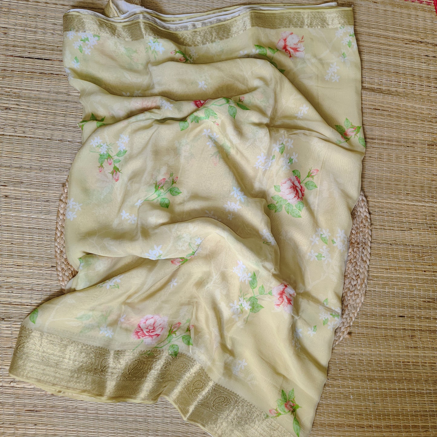 Chiffon Print Saree | Yellow - Golden Nivah