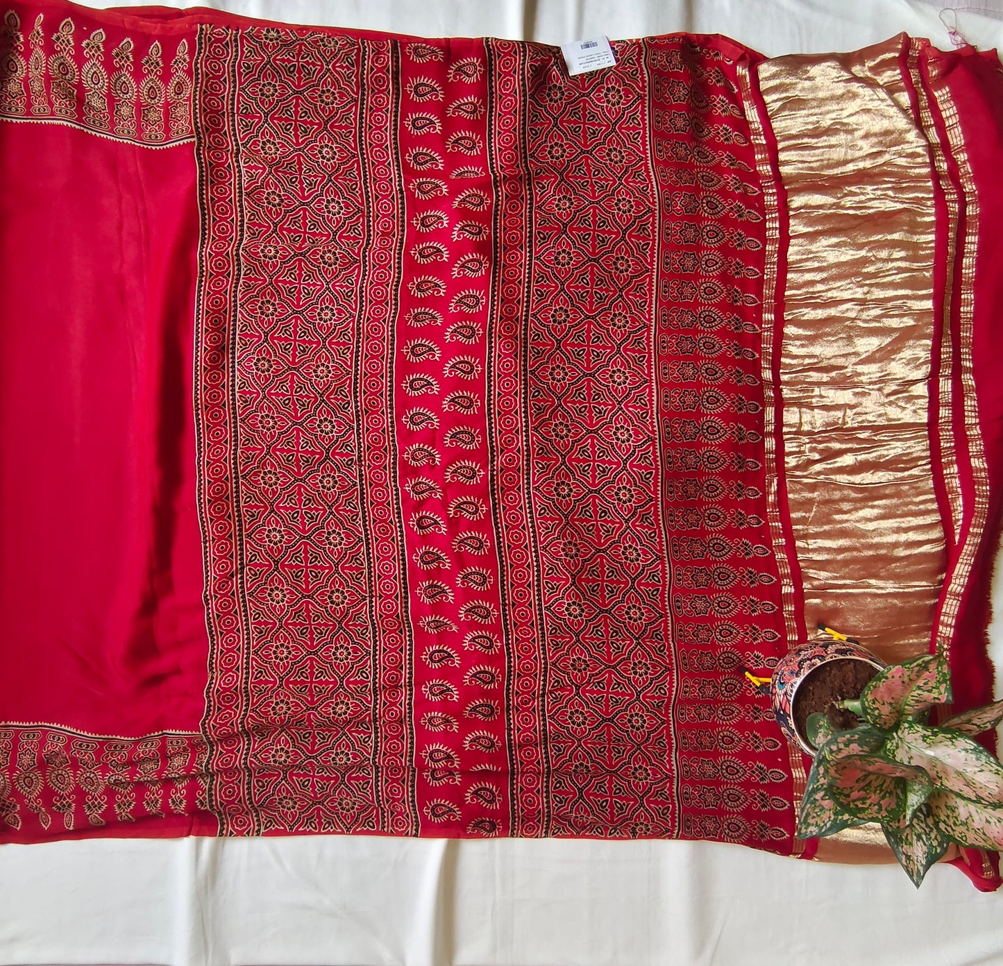 Red Ajrak Modal Silk Saree with Zari