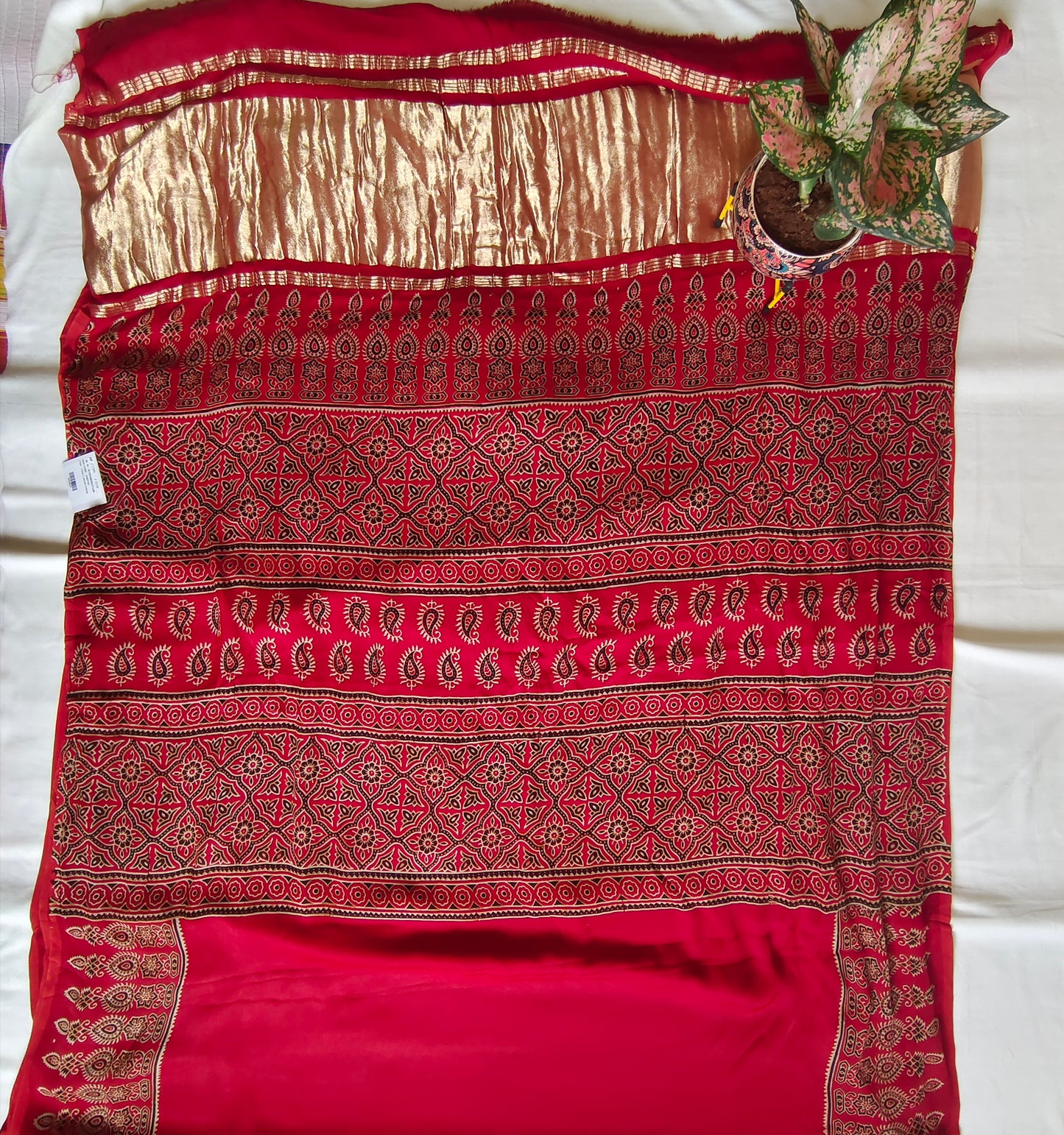 Red Ajrak Modal Silk Saree with Zari