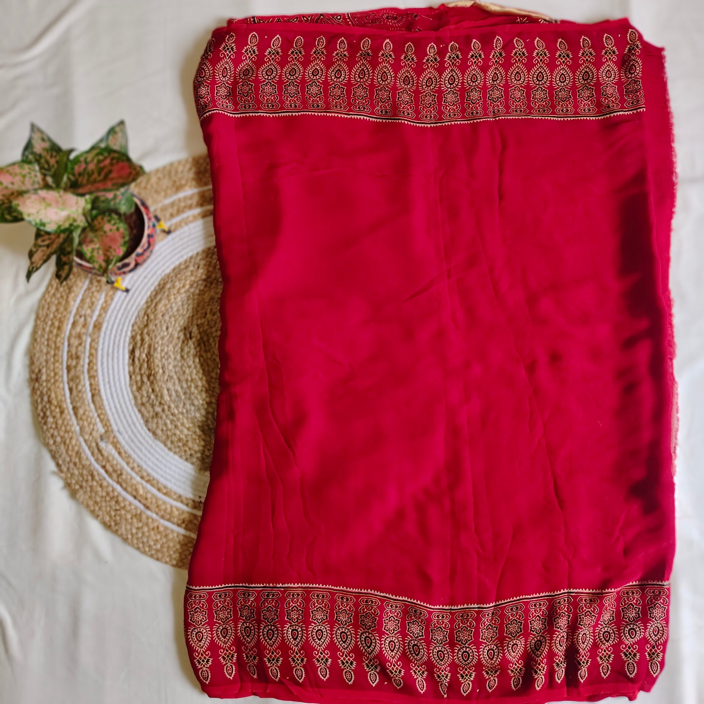 Red Ajrak Modal Silk Saree with Zari