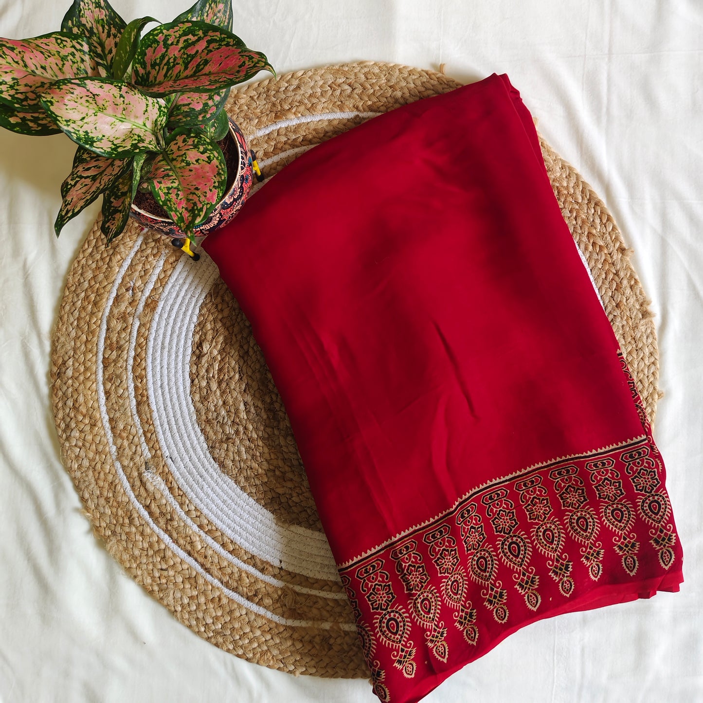 Red Ajrak Modal Silk Saree with Zari