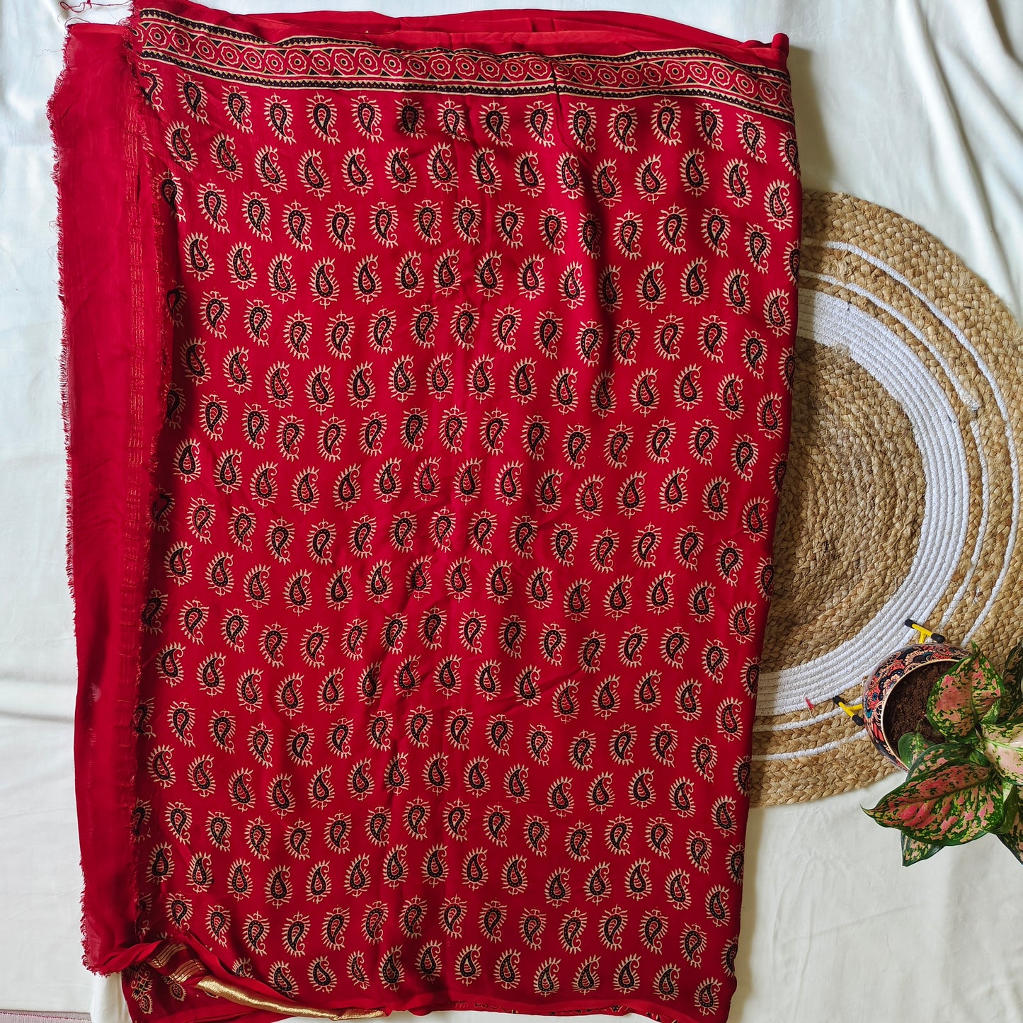 Red Ajrak Modal Silk Saree with Zari
