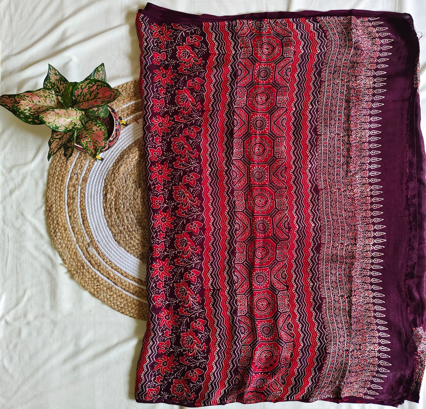 Maroon Ajrak Modal Silk Saree