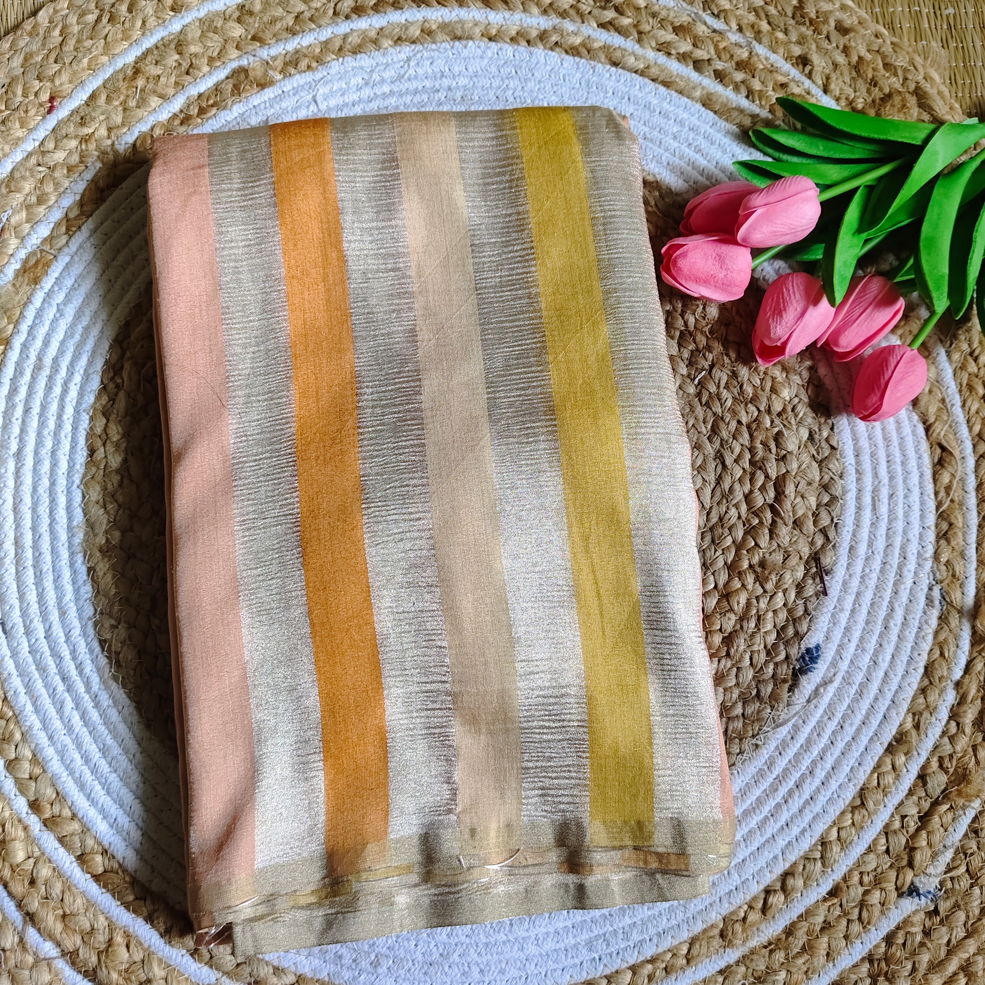 Moonga Silk Saree | Golden Color with Sunset Stripes - Golden Nivah