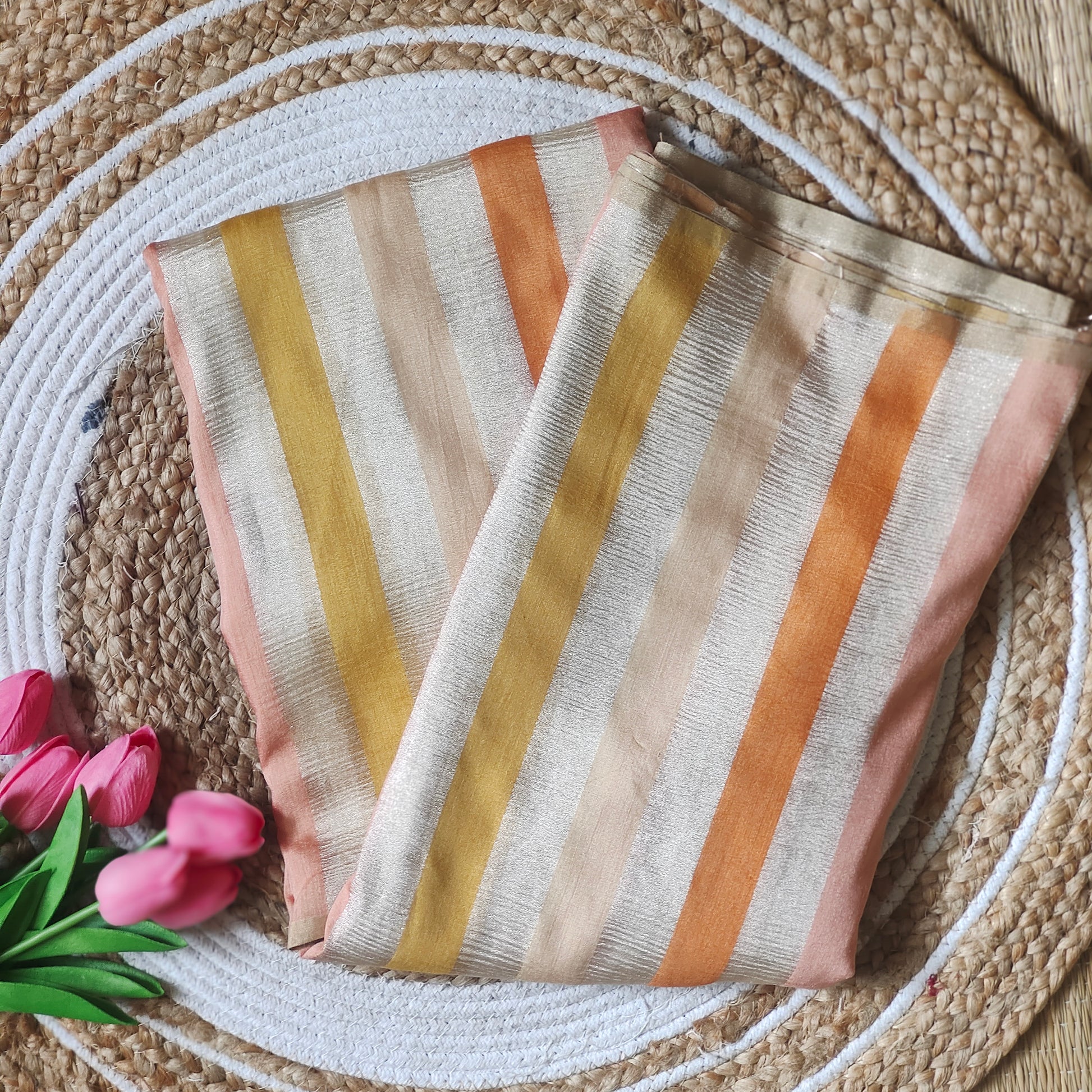Moonga Silk Saree | Golden Color with Sunset Stripes - Golden Nivah
