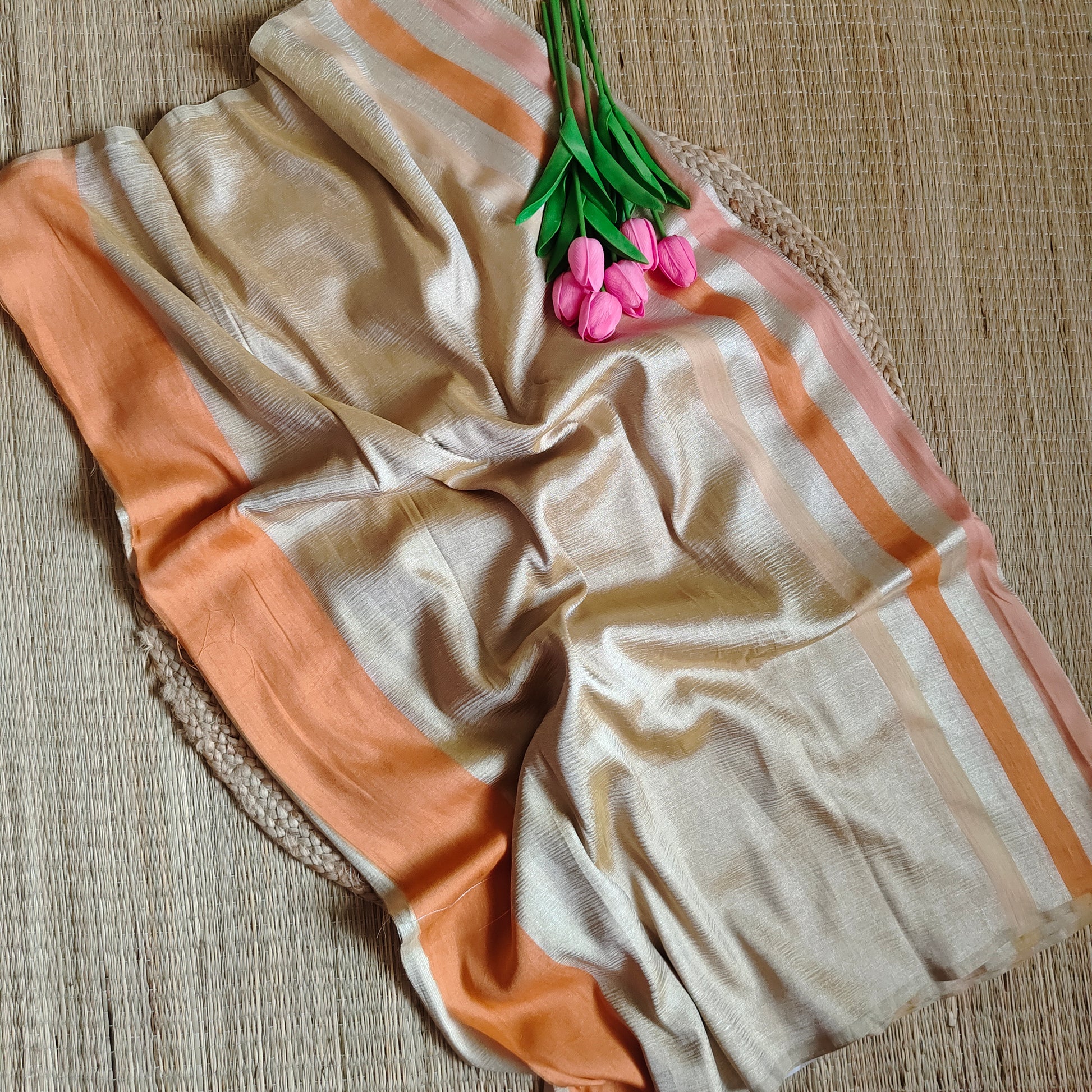 Moonga Silk Saree | Golden Color with Sunset Stripes - Golden Nivah