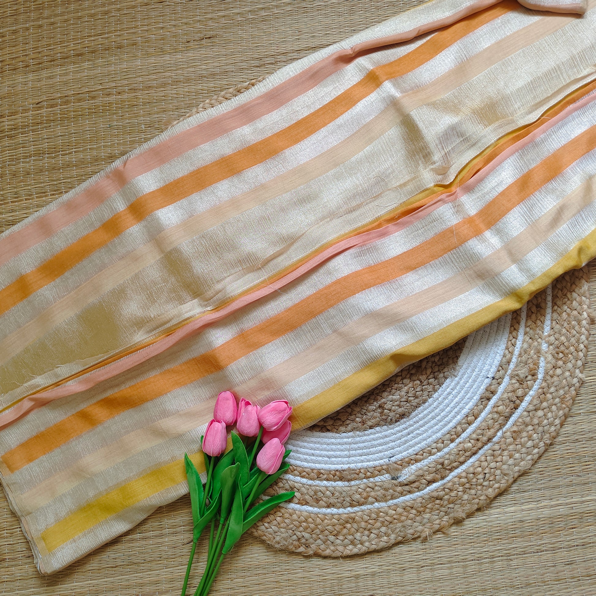 Moonga Silk Saree | Golden Color with Sunset Stripes - Golden Nivah