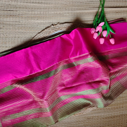 Crushed Green Tissue Saree | Pink Border - Golden Nivah