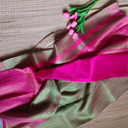 Crushed Green Tissue Saree | Pink Border - Golden Nivah
