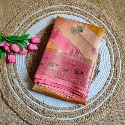 Dupion Silk Rangkat Saree | Petal Stripes - Golden Nivah