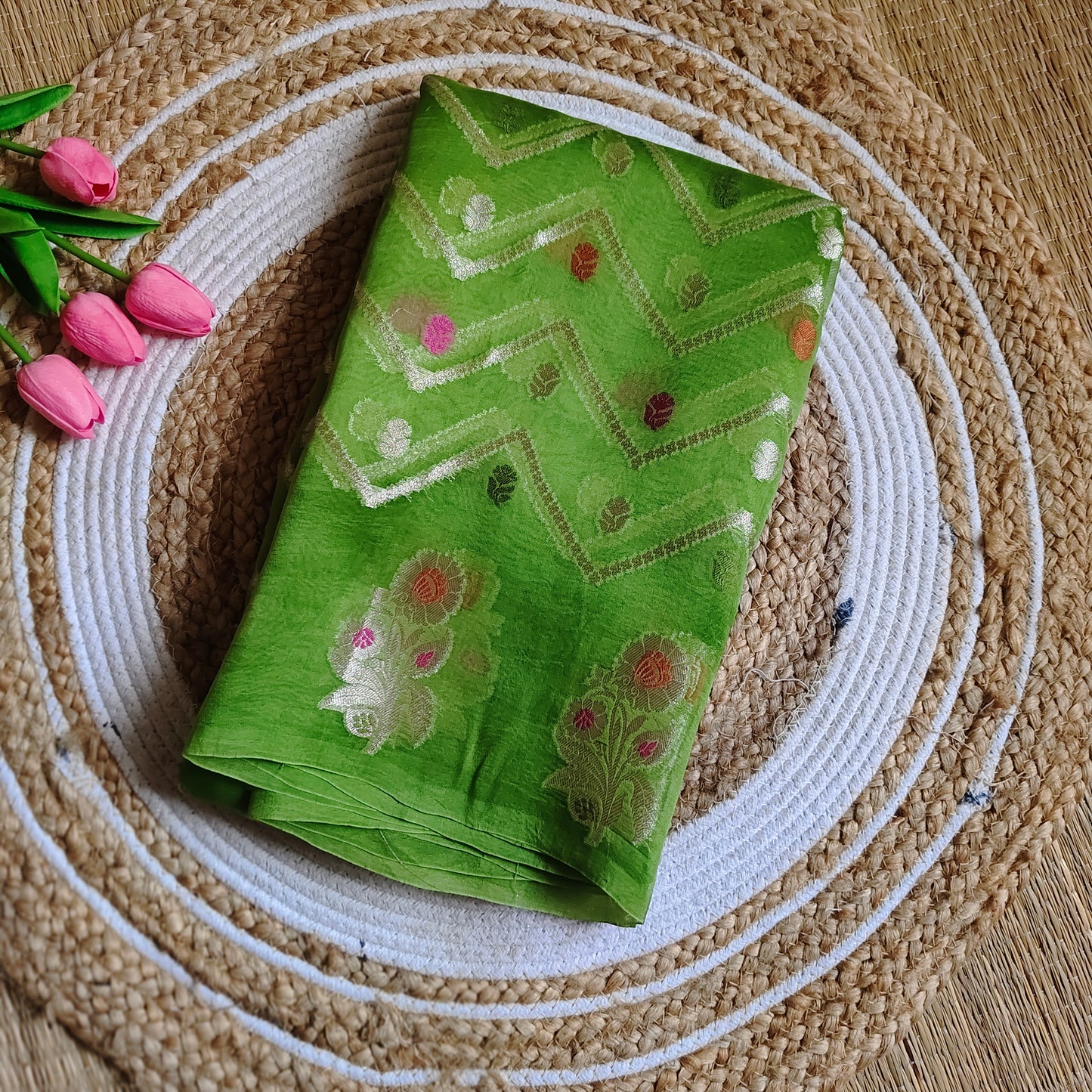 Organza Booti | Meenakari | Olive Green - Golden Nivah