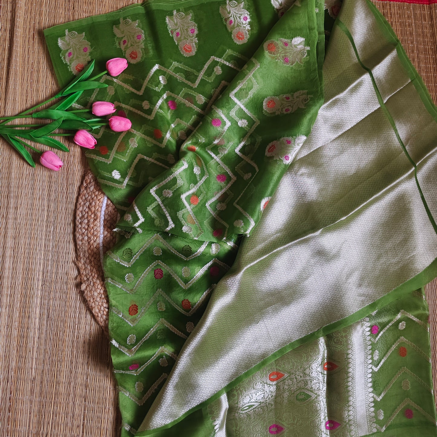 Organza Booti | Meenakari | Olive Green - Golden Nivah