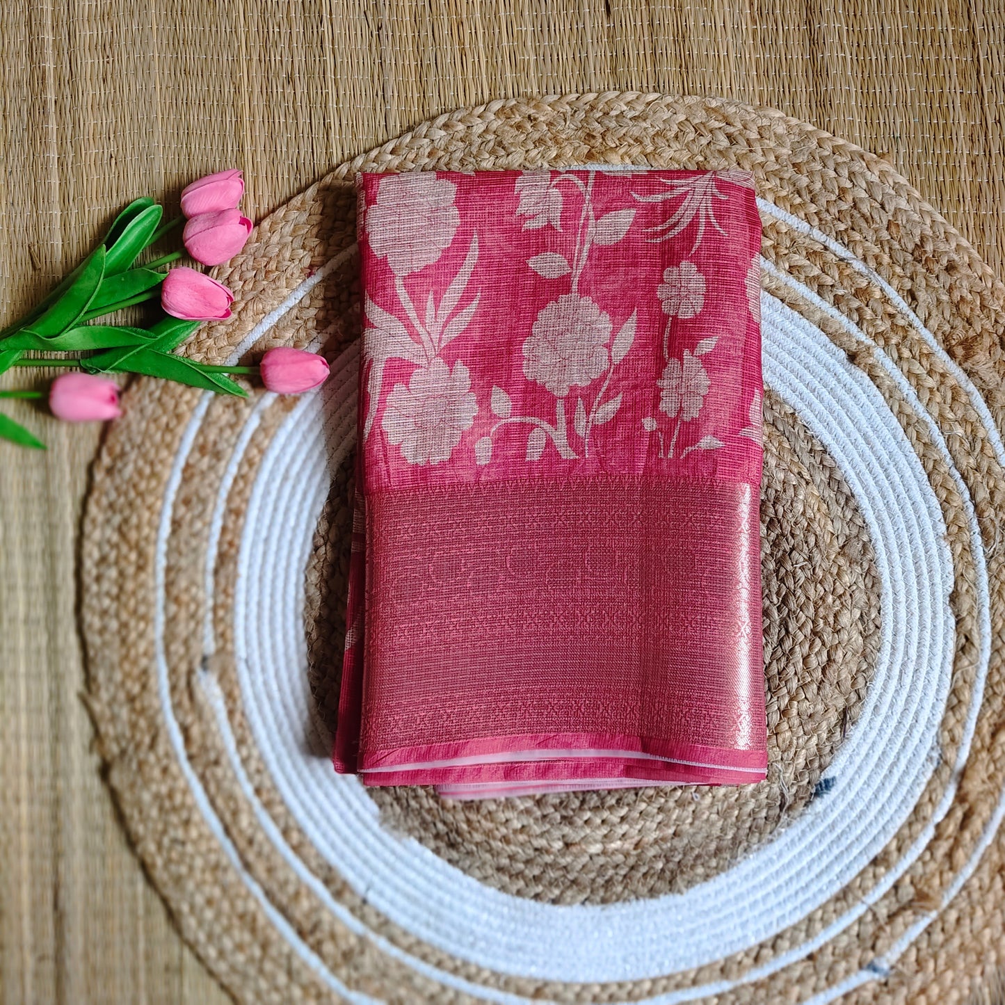 Kota Floral Print Saree | Soft Red - Golden Nivah