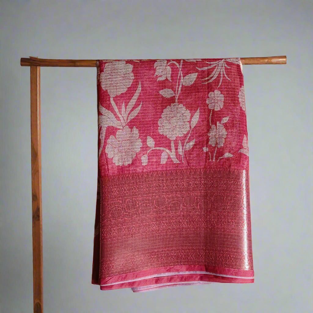 Kota Floral Print Saree | Soft Red - Golden Nivah