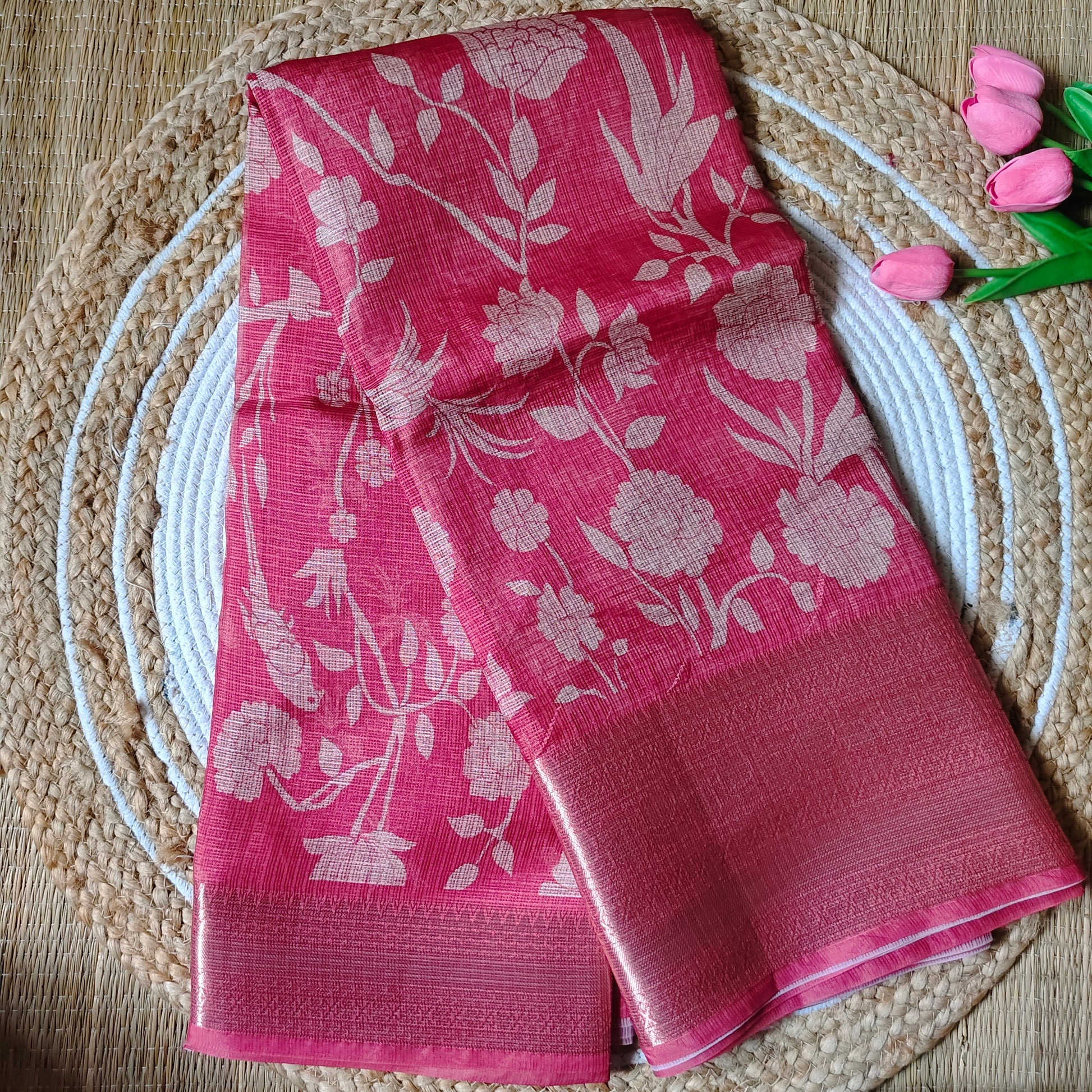 Kota Floral Print Saree | Soft Red - Golden Nivah
