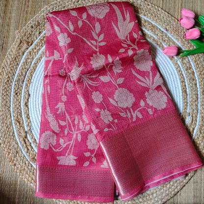 Kota Floral Print Saree | Soft Red - Golden Nivah