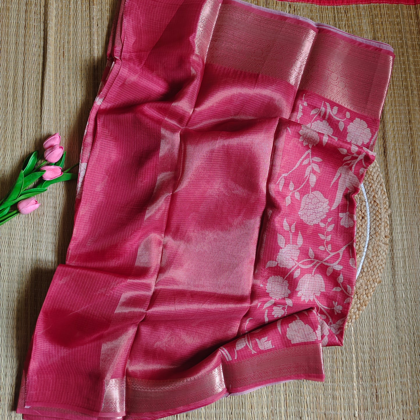 Kota Floral Print Saree | Soft Red - Golden Nivah
