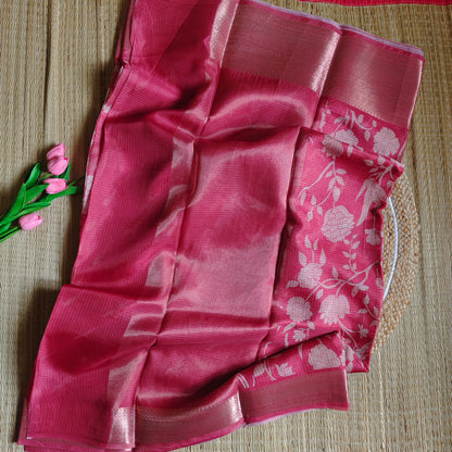 Kota Floral Print Saree | Soft Red - Golden Nivah