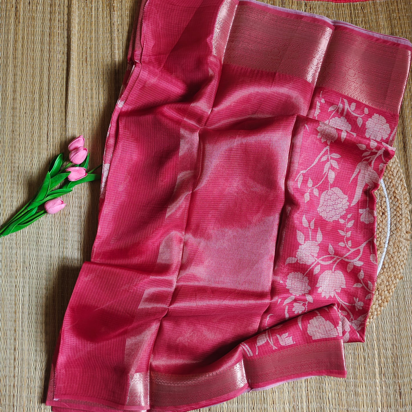 Kota Floral Print Saree | Soft Red - Golden Nivah