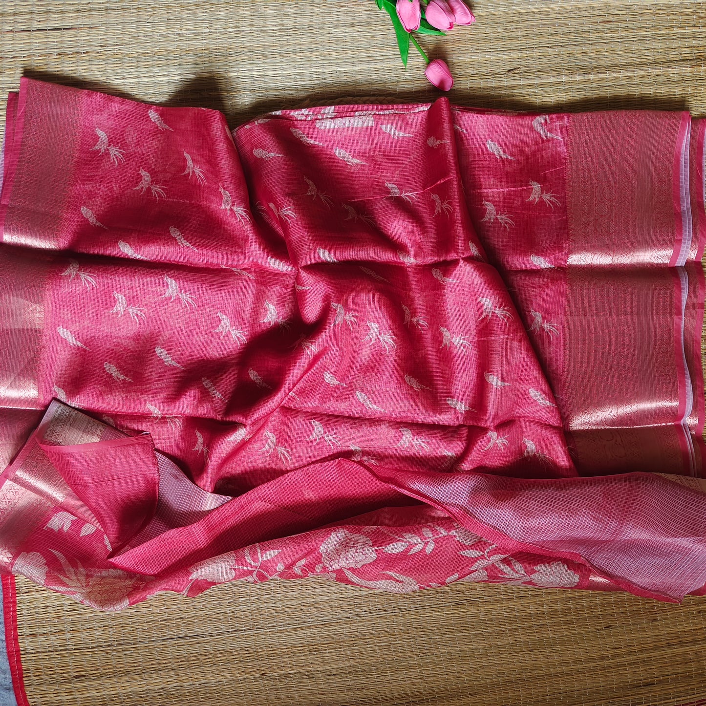 Kota Floral Print Saree | Soft Red - Golden Nivah