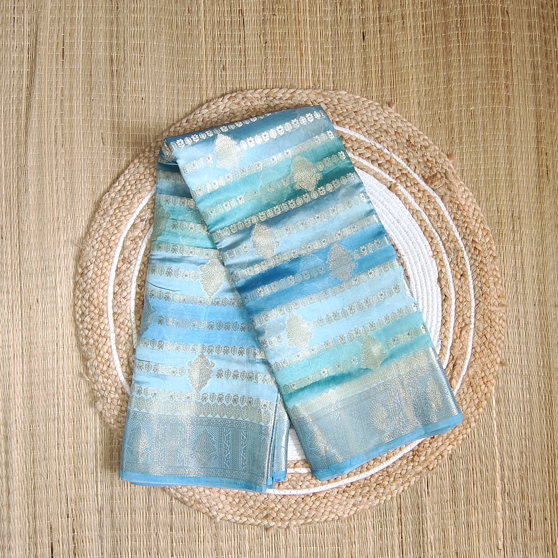 Dupion Silk Rangkat Zari Stripe Saree | Light Blue| Booti Work - Golden Nivah