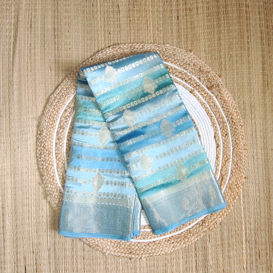 Dupion Silk Rangkat Zari Stripe Saree | Light Blue| Booti Work - Golden Nivah