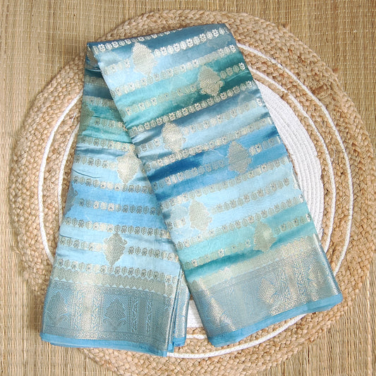 Dupion Silk Rangkat Zari Stripe Saree | Light Blue| Booti Work - Golden Nivah