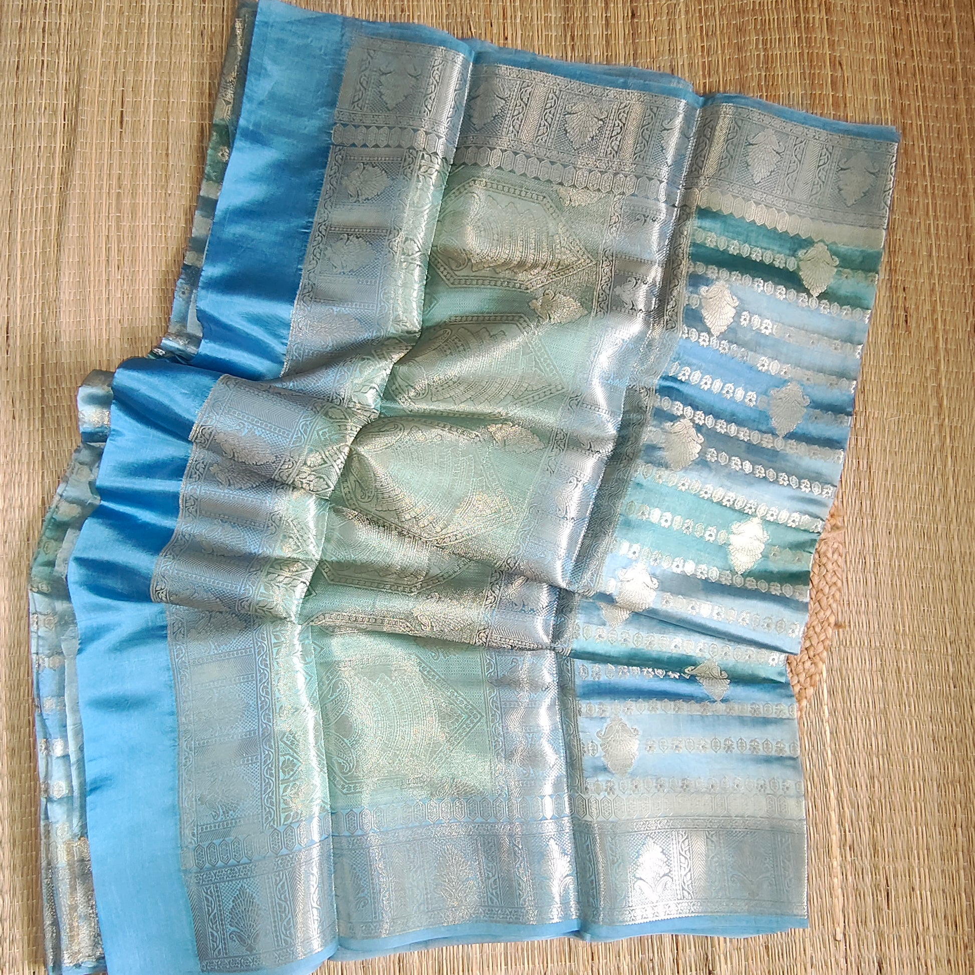 Dupion Silk Rangkat Zari Stripe Saree | Light Blue| Booti Work - Golden Nivah