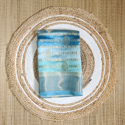 Dupion Silk Rangkat Zari Stripe Saree | Light Blue| Booti Work - Golden Nivah