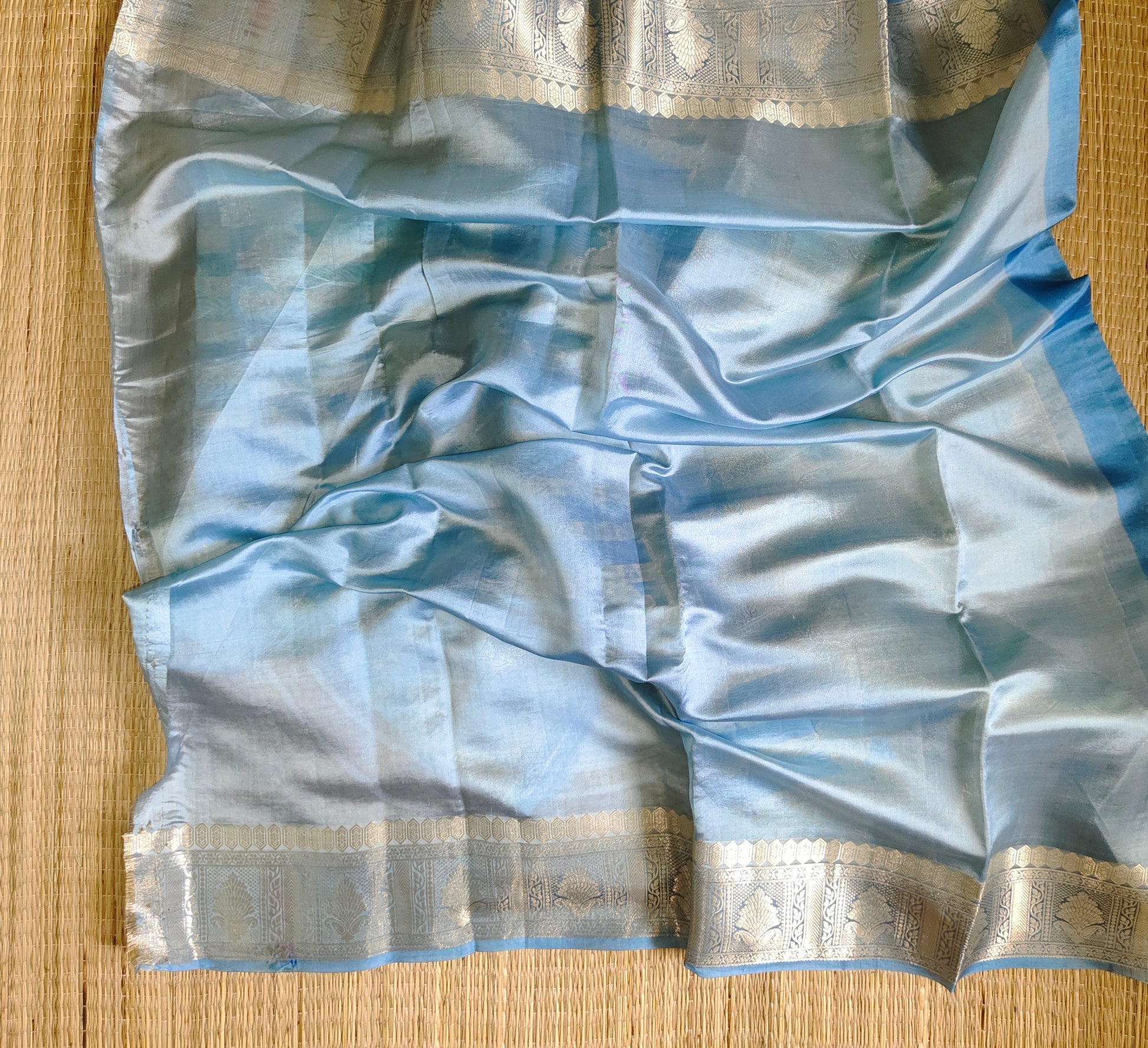 Dupion Silk Rangkat Zari Stripe Saree | Light Blue| Booti Work - Golden Nivah