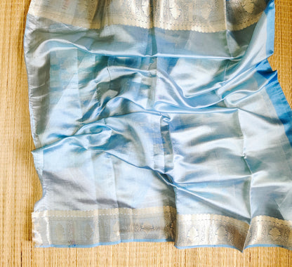 Dupion Silk Rangkat Zari Stripe Saree | Light Blue| Booti Work - Golden Nivah